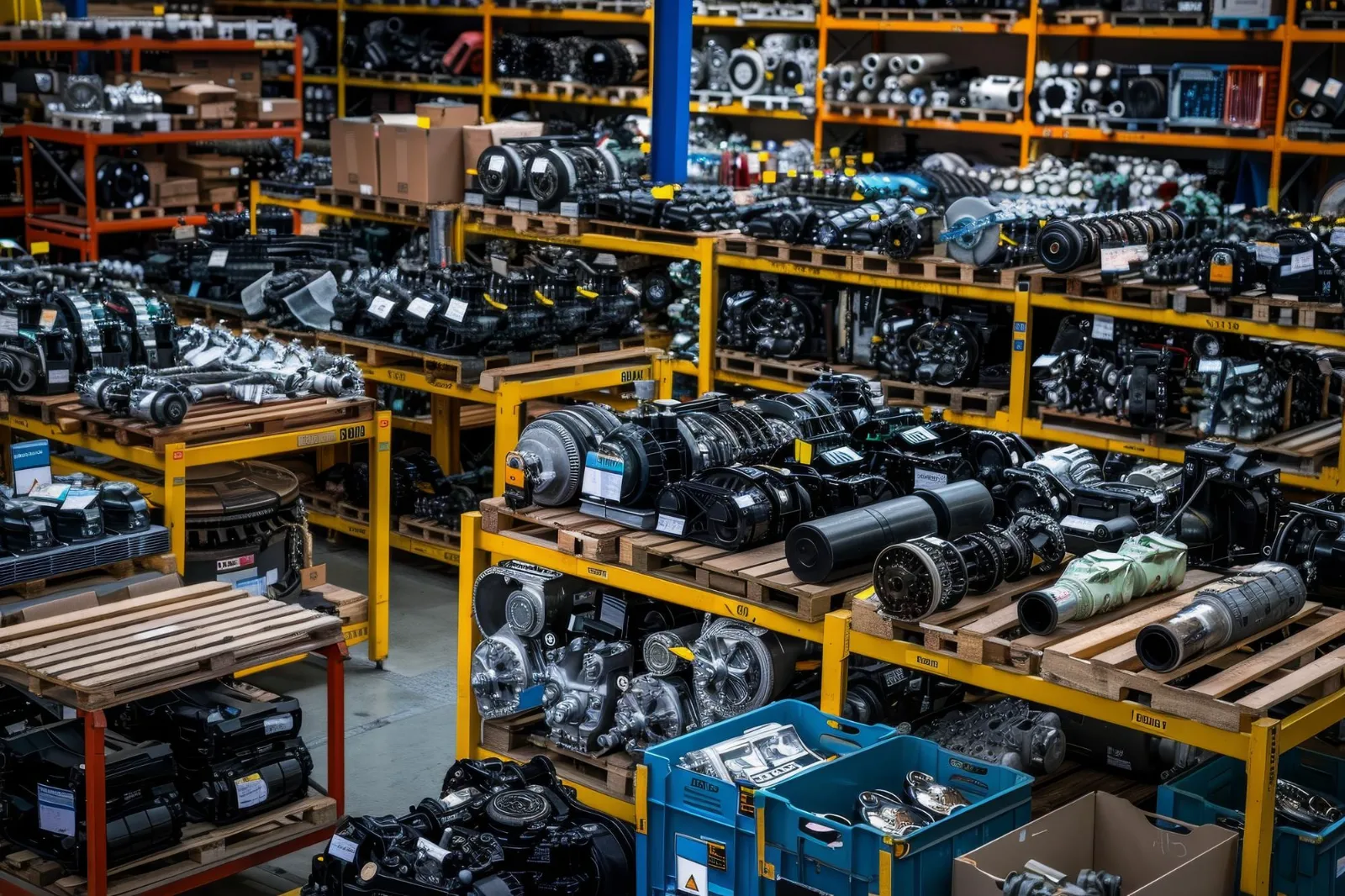 Ersatzteillager mit Motoren und Bauteilen auf Regalen